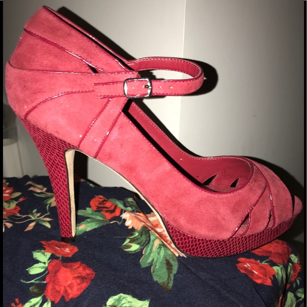 WHBM W size 10, berry colored peep toe heels.